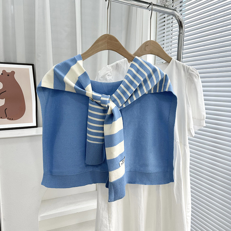 Πλεκτό ζακετάκι με ριγέ διασταυρούμενο φουλάρι και ψεύτικο γιακά (Πολυεστέρας • Απλή Ύφανση • Διατηρεί ζεστασιά και προστασία από τον ήλιο • Άνοιξη–Φθινόπωρο • Tie-Dye)
