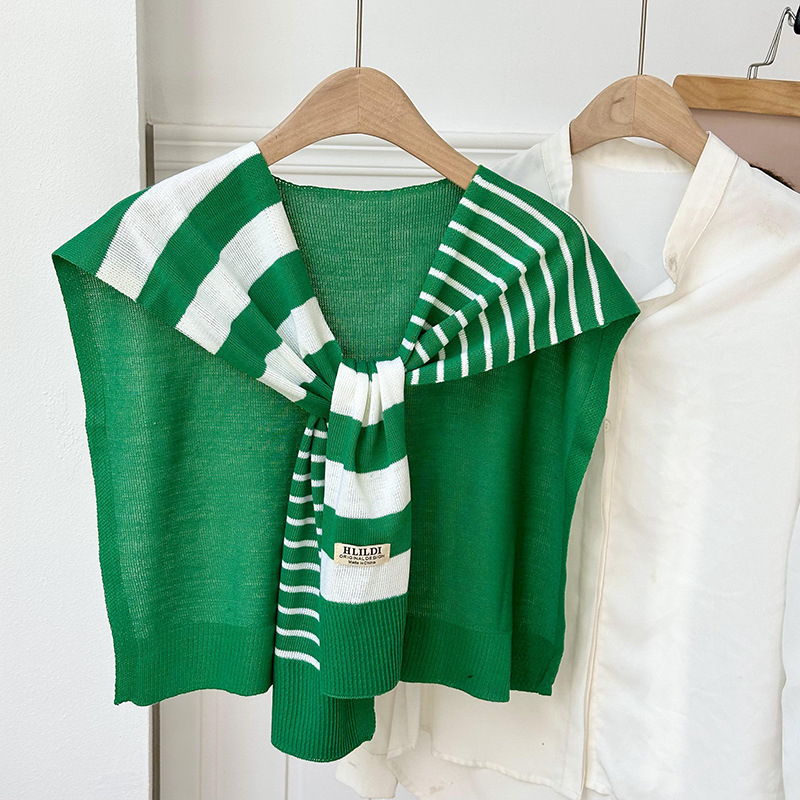 Πλεκτό ζακετάκι με ριγέ διασταυρούμενο φουλάρι και ψεύτικο γιακά (Πολυεστέρας • Απλή Ύφανση • Διατηρεί ζεστασιά και προστασία από τον ήλιο • Άνοιξη–Φθινόπωρο • Tie-Dye)