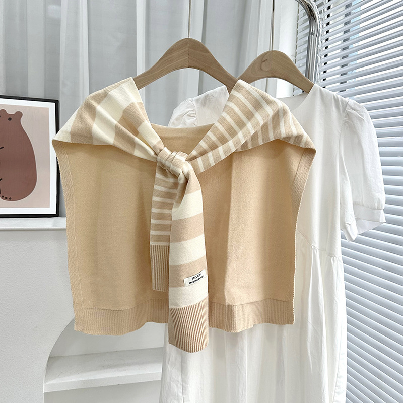 Πλεκτό ζακετάκι με ριγέ διασταυρούμενο φουλάρι και ψεύτικο γιακά (Πολυεστέρας • Απλή Ύφανση • Διατηρεί ζεστασιά και προστασία από τον ήλιο • Άνοιξη–Φθινόπωρο • Tie-Dye)