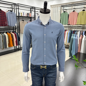 Cămașă bărbați cu mânecă lungă, brodată, stil cardigan, croială lejeră, țesătură din amestec de bumbac