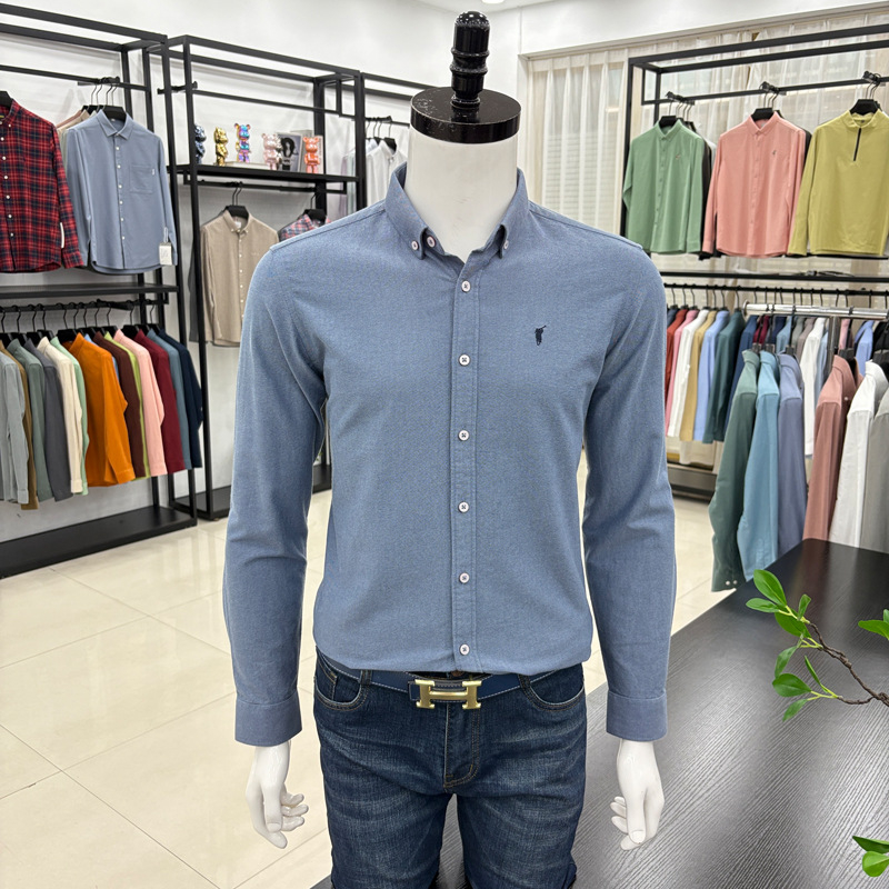 Cămașă bărbați cu mânecă lungă, brodată, stil cardigan, croială lejeră, țesătură din amestec de bumbac