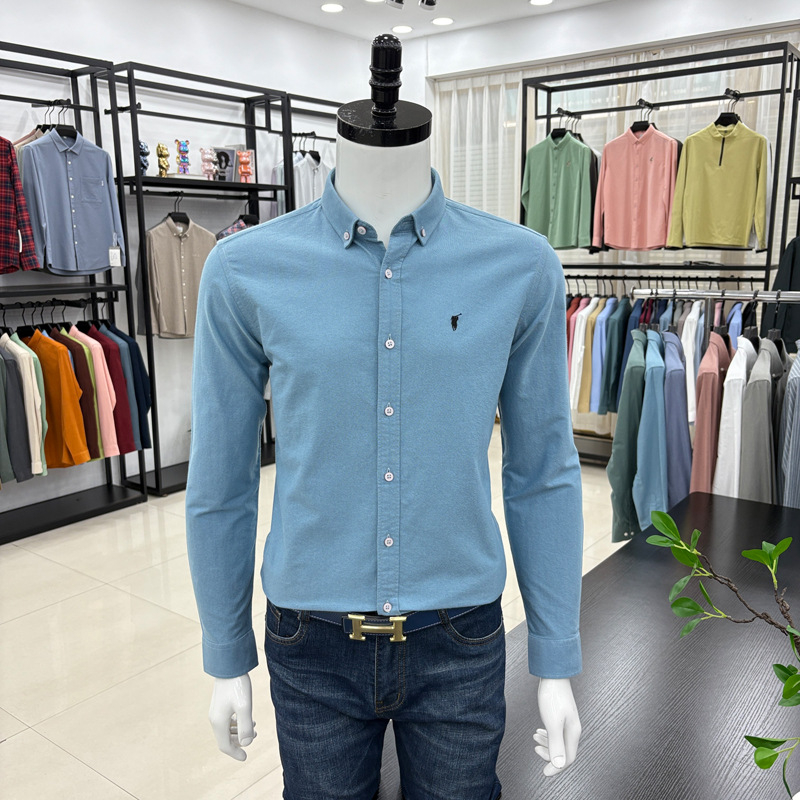 Cămașă bărbați cu mânecă lungă, brodată, stil cardigan, croială lejeră, țesătură din amestec de bumbac