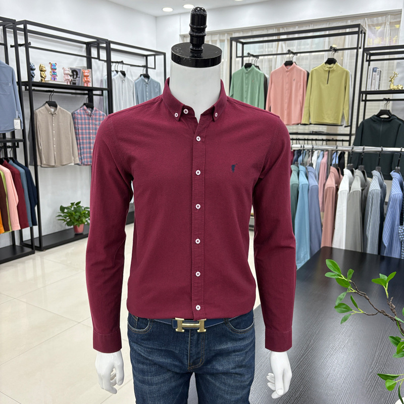 Cămașă bărbați cu mânecă lungă, brodată, stil cardigan, croială lejeră, țesătură din amestec de bumbac