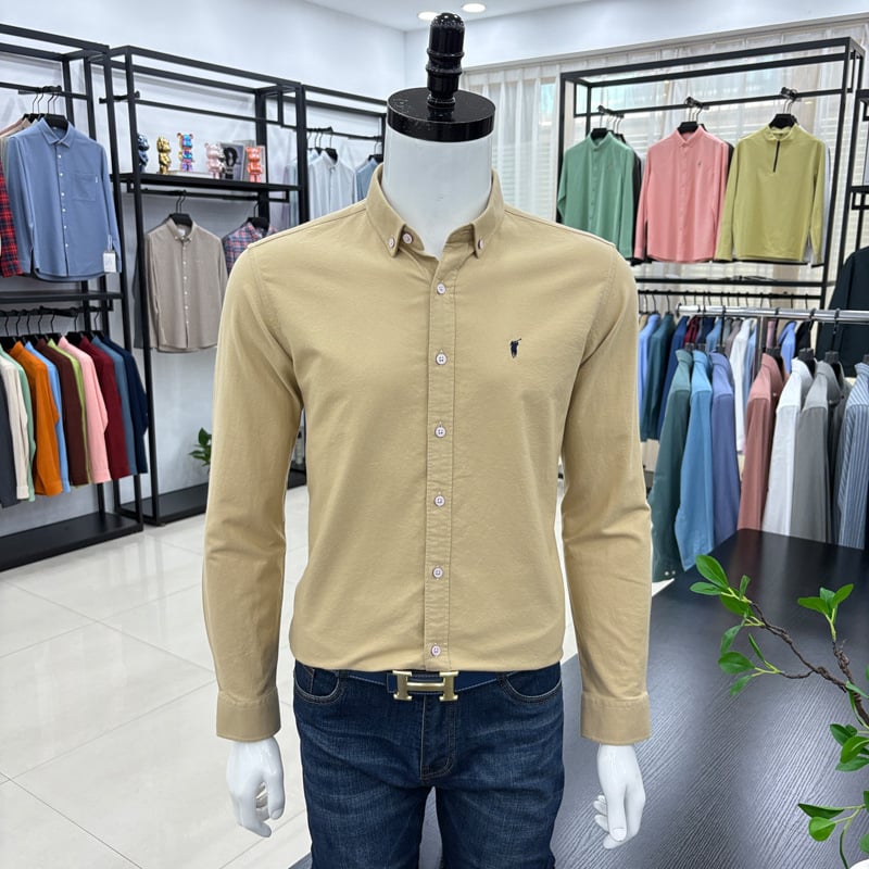 Cămașă bărbați cu mânecă lungă, brodată, stil cardigan, croială lejeră, țesătură din amestec de bumbac