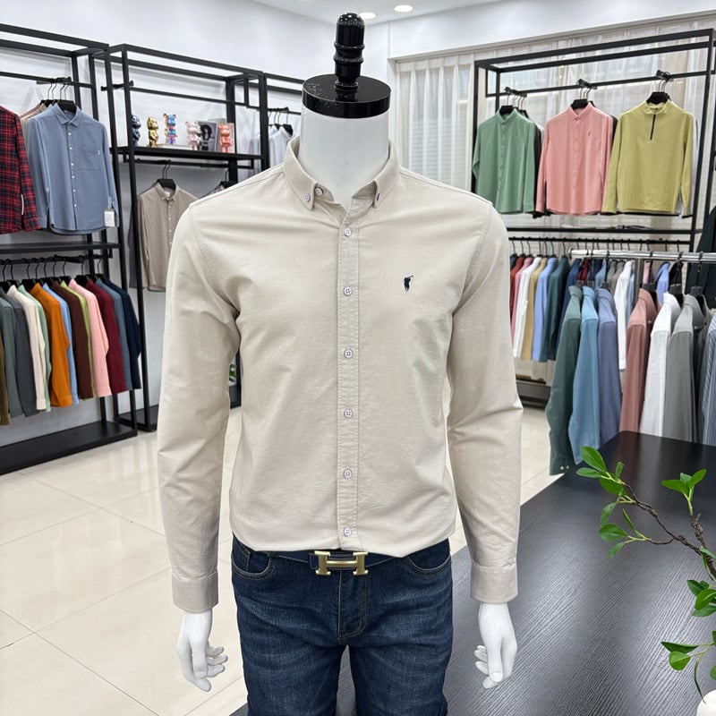 Cămașă bărbați cu mânecă lungă, brodată, stil cardigan, croială lejeră, țesătură din amestec de bumbac