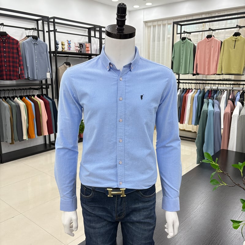 Cămașă bărbați cu mânecă lungă, brodată, stil cardigan, croială lejeră, țesătură din amestec de bumbac