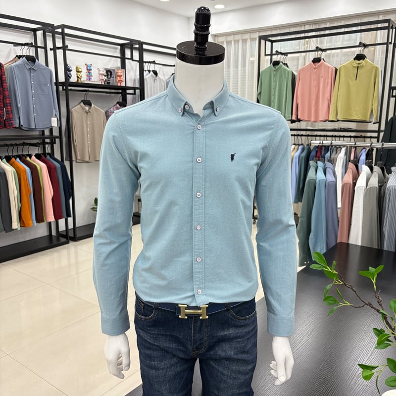 Cămașă bărbați cu mânecă lungă, brodată, stil cardigan, croială lejeră, țesătură din amestec de bumbac