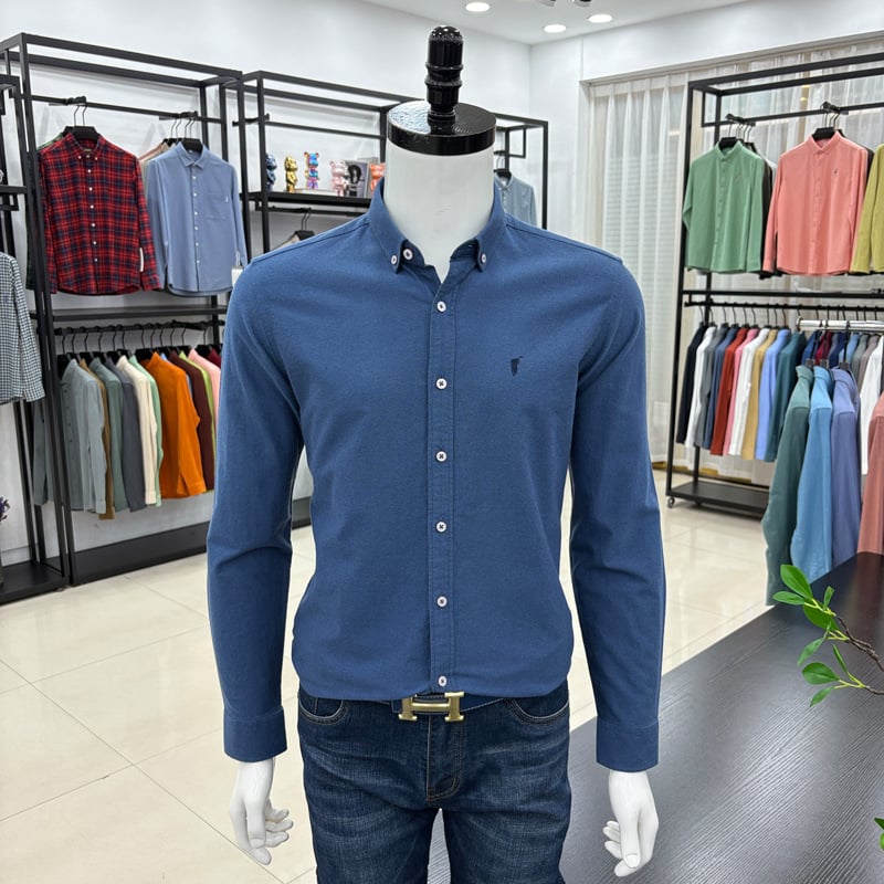 Cămașă bărbați cu mânecă lungă, brodată, stil cardigan, croială lejeră, țesătură din amestec de bumbac