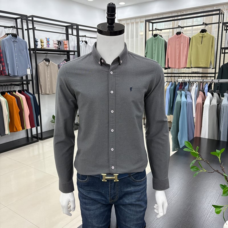 Cămașă bărbați cu mânecă lungă, brodată, stil cardigan, croială lejeră, țesătură din amestec de bumbac