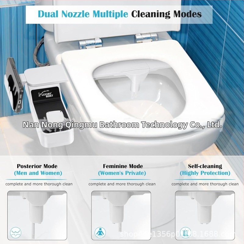 Bidetová sprchová hlavica na toaletu s nastaviteľnou teplotou a tlakom vody, ABS materiál, CUPC certifikát, samočistiaca tryska, rozstup otvorov 136–200 mm