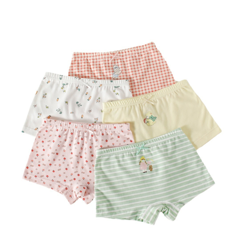 Chiloți boxeri pentru fete, din bumbac, talie medie, 95% bumbac, imprimare cu personaje, pachet de 5 bucăți, pentru copii 3–8 ani.