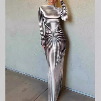 Šaty z Advanced milk silk, 3D efekt potlače, vysoký golier, dlhé rukávy, vysoký pás