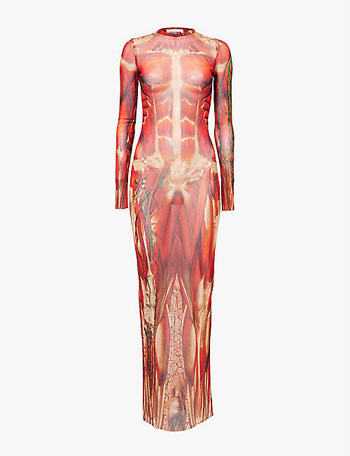 Šaty z Advanced milk silk, 3D efekt potlače, vysoký golier, dlhé rukávy, vysoký pás