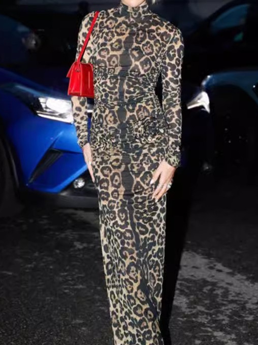 Šaty z Advanced milk silk, 3D efekt potlače, vysoký golier, dlhé rukávy, vysoký pás