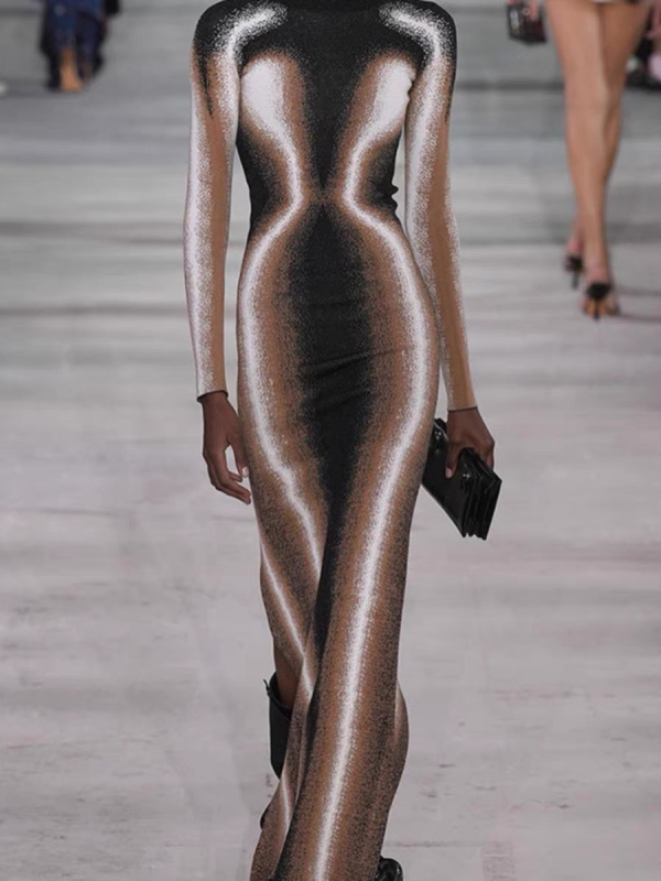 Šaty z Advanced milk silk, 3D efekt potlače, vysoký golier, dlhé rukávy, vysoký pás