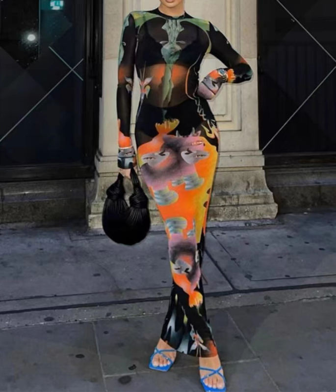 Šaty z Advanced milk silk, 3D efekt potlače, vysoký golier, dlhé rukávy, vysoký pás