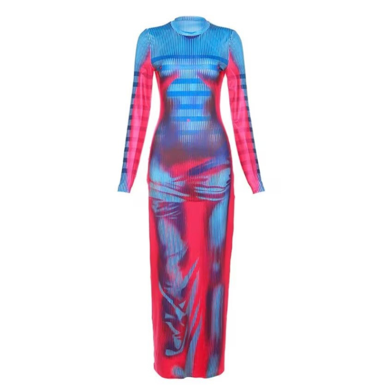 Šaty z Advanced milk silk, 3D efekt potlače, vysoký golier, dlhé rukávy, vysoký pás