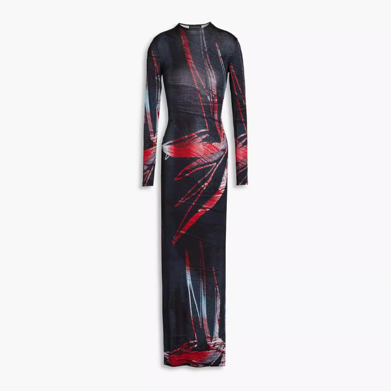 Šaty z Advanced milk silk, 3D efekt potlače, vysoký golier, dlhé rukávy, vysoký pás