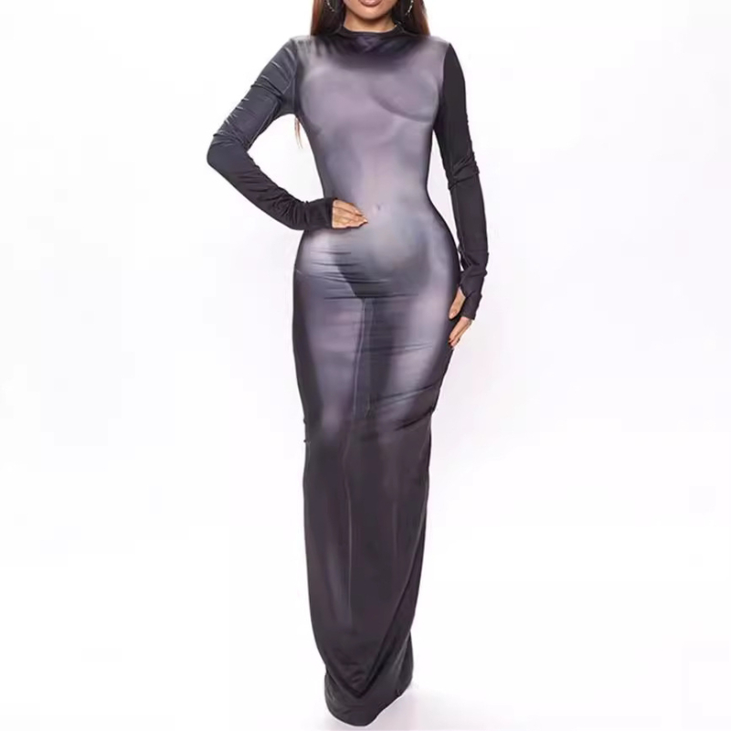 Šaty z Advanced milk silk, 3D efekt potlače, vysoký golier, dlhé rukávy, vysoký pás