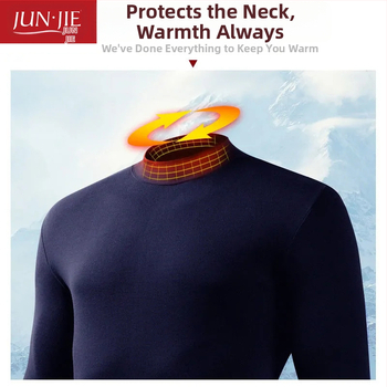 Set de lenjerie termică din bumbac pentru bărbați, top pulover cu mânecă lungă și pantaloni – 100% bumbac, țesătură de greutate medie, guler înalt