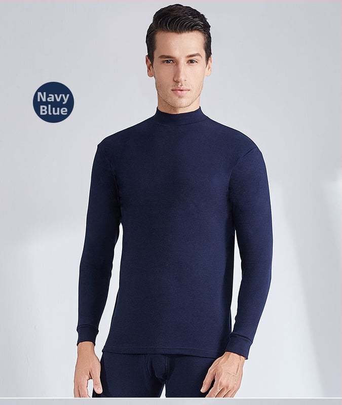 Set de lenjerie termică din bumbac pentru bărbați, top pulover cu mânecă lungă și pantaloni – 100% bumbac, țesătură de greutate medie, guler înalt