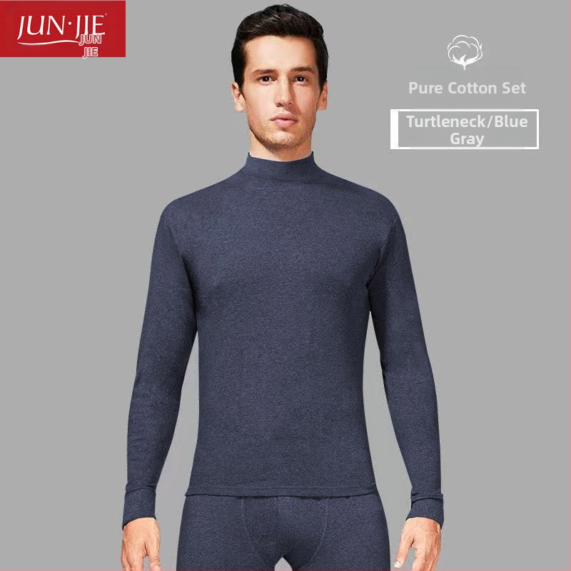 Set de lenjerie termică din bumbac pentru bărbați, top pulover cu mânecă lungă și pantaloni – 100% bumbac, țesătură de greutate medie, guler înalt
