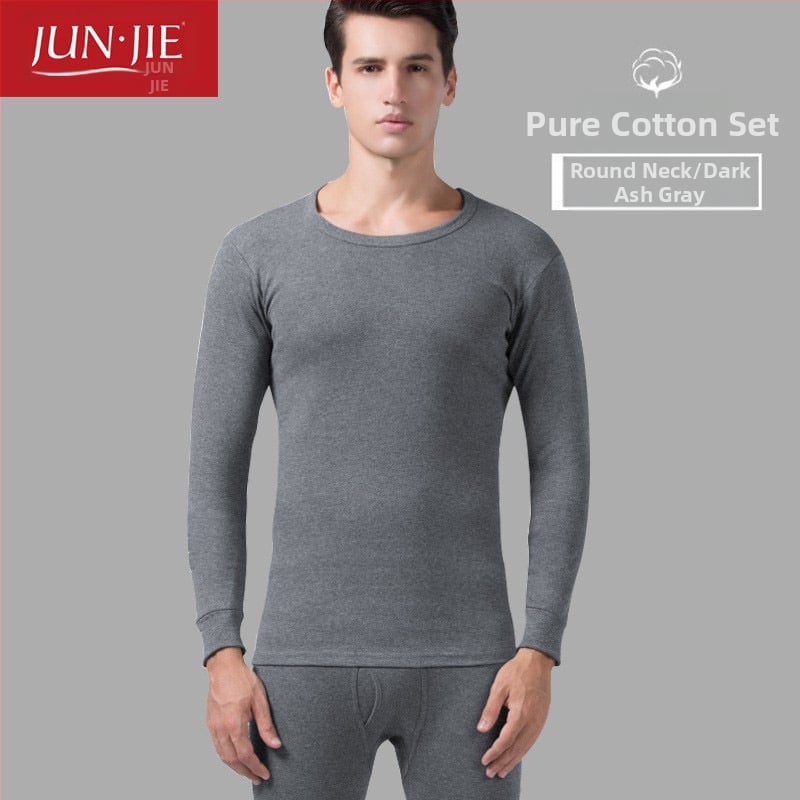 Set de lenjerie termică din bumbac pentru bărbați, top pulover cu mânecă lungă și pantaloni – 100% bumbac, țesătură de greutate medie, guler înalt