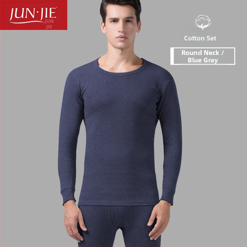 Set de lenjerie termică din bumbac pentru bărbați, top pulover cu mânecă lungă și pantaloni – 100% bumbac, țesătură de greutate medie, guler înalt