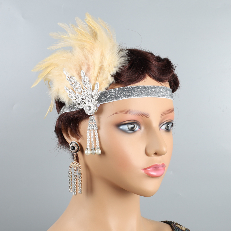Fejfedő tollal és elasztikus szalaggal – Lowosaiwor Gatsby 1920-as évek stílusa, kockás minta, női, koreai stílus