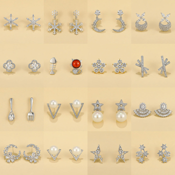 Σκουλαρίκια κορεατικού στυλ με νιφάδα χιονιού και ζιρκόν, βάση από χαλκό με επίστρωση, βύσματα S925, unisex