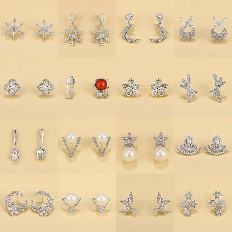 Σκουλαρίκια κορεατικού στυλ με νιφάδα χιονιού και ζιρκόν, βάση από χαλκό με επίστρωση, βύσματα S925, unisex