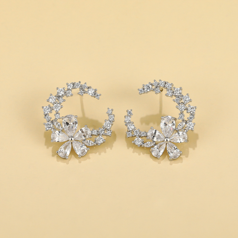 Σκουλαρίκια κορεατικού στυλ με νιφάδα χιονιού και ζιρκόν, βάση από χαλκό με επίστρωση, βύσματα S925, unisex