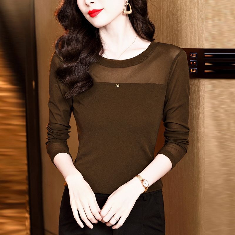 Póló hálós anyagból, kerek nyakú, hosszú ujjú, Slim fit