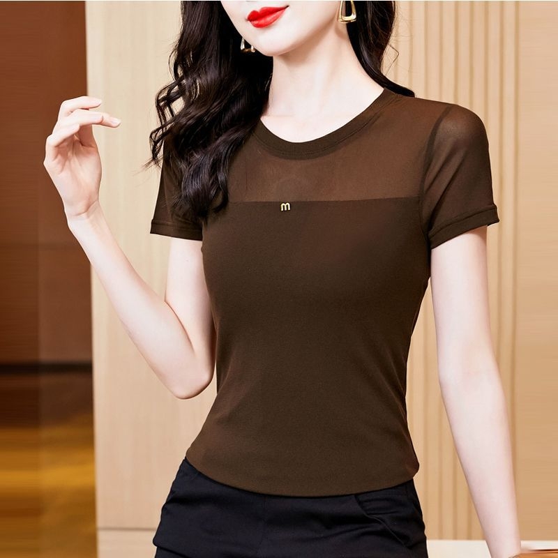 Póló hálós anyagból, kerek nyakú, hosszú ujjú, Slim fit