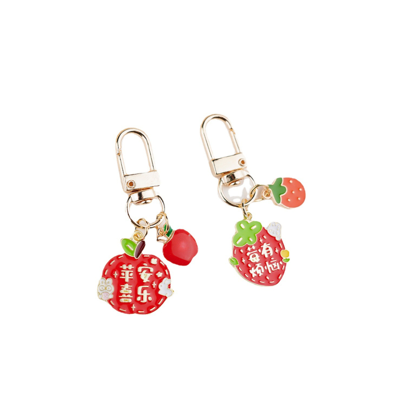 Fém kulcstartó medál – gyümölcs ihletésű szöveges dizájn és aranyos lányos karikatúra, táska kiegészítő, ajándék