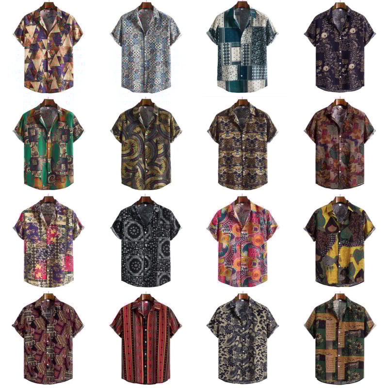 Cămașă de in cu mânecă scurtă, imprimeu etnic, croială mulată, guler rever