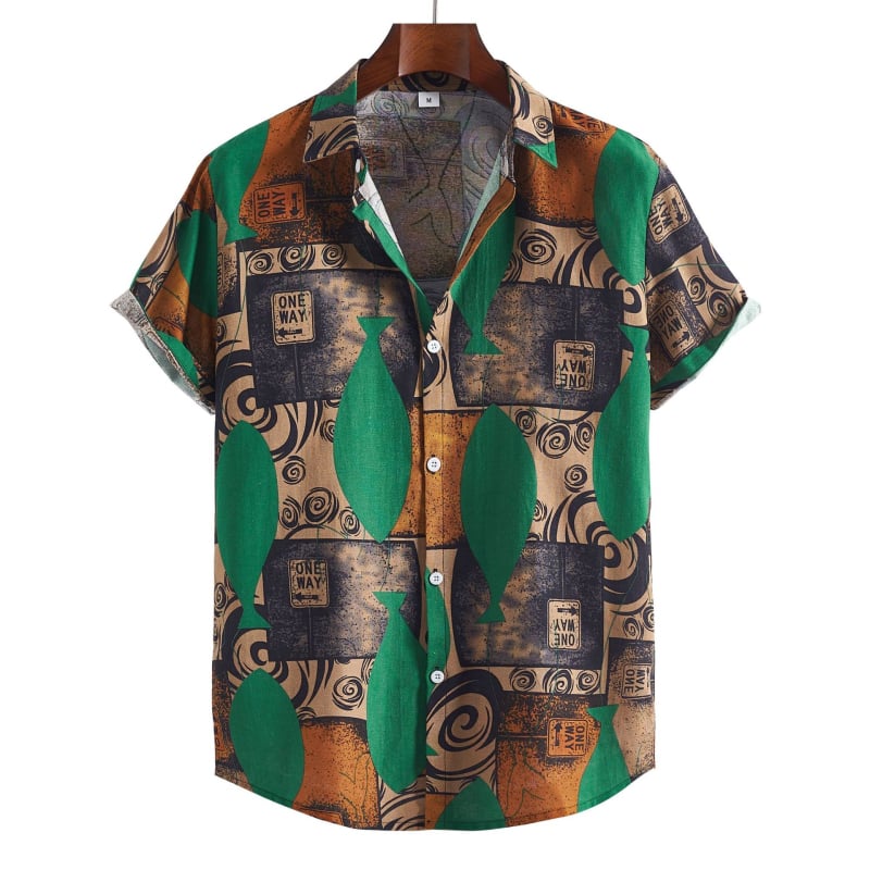 Cămașă de in cu mânecă scurtă, imprimeu etnic, croială mulată, guler rever