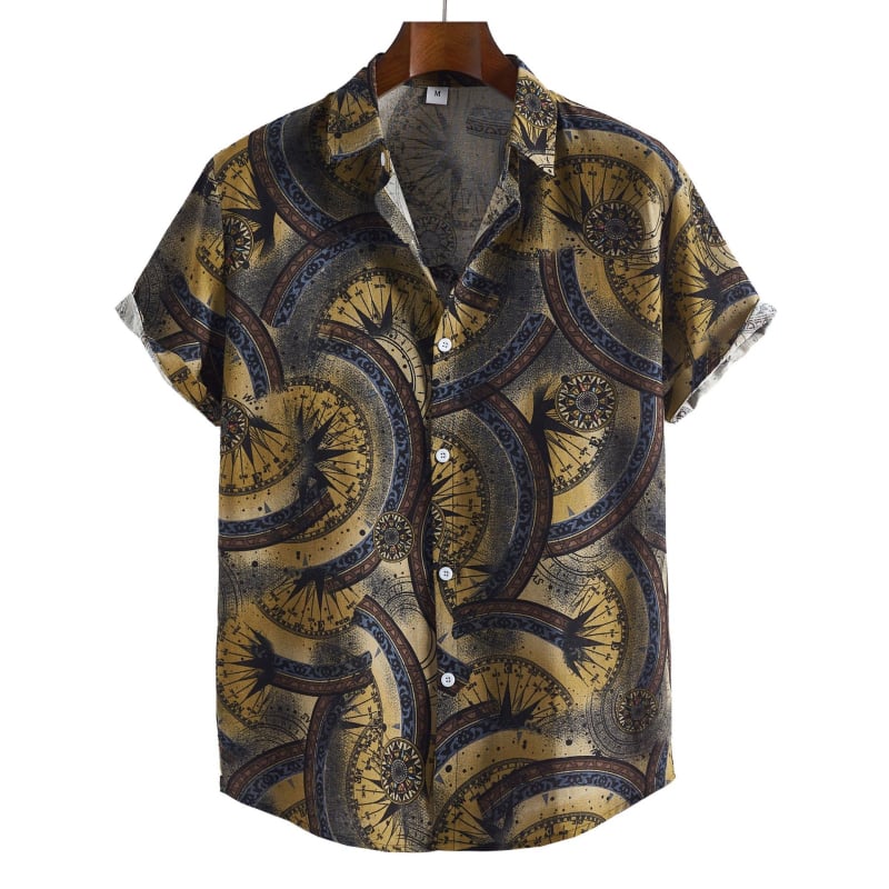 Cămașă de in cu mânecă scurtă, imprimeu etnic, croială mulată, guler rever