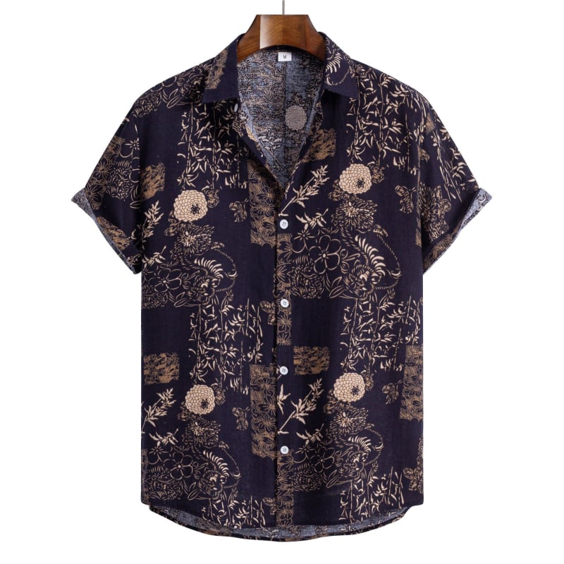 Cămașă de in cu mânecă scurtă, imprimeu etnic, croială mulată, guler rever