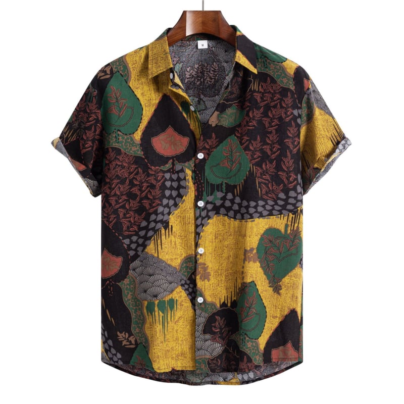 Cămașă de in cu mânecă scurtă, imprimeu etnic, croială mulată, guler rever