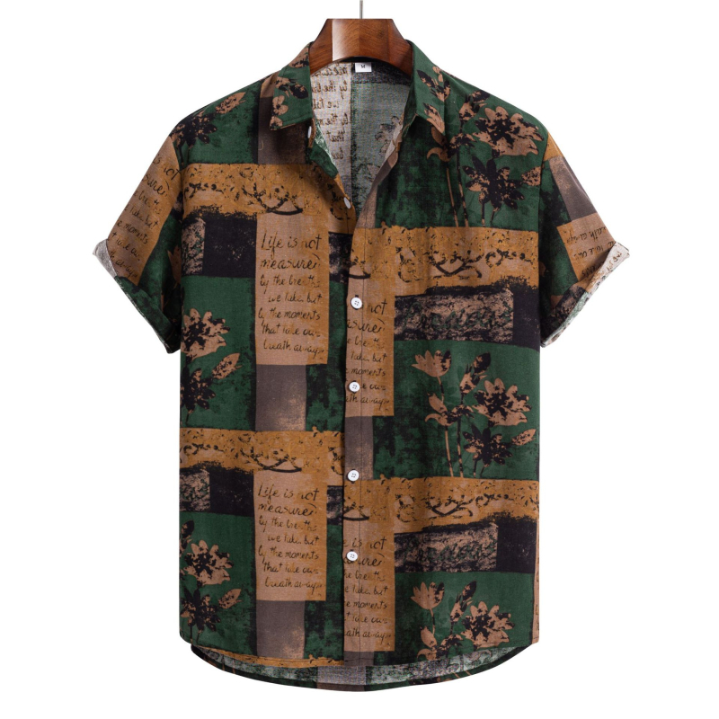 Cămașă de in cu mânecă scurtă, imprimeu etnic, croială mulată, guler rever