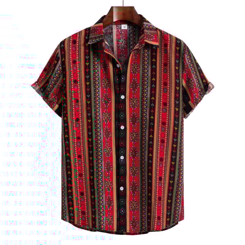 Cămașă de in cu mânecă scurtă, imprimeu etnic, croială mulată, guler rever