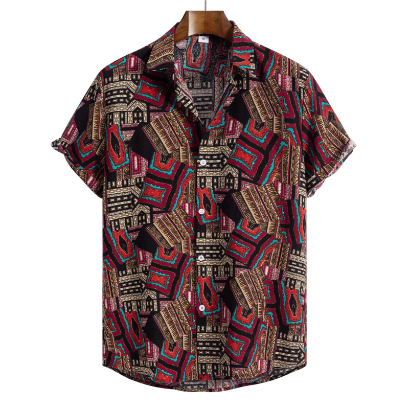 Cămașă de in cu mânecă scurtă, imprimeu etnic, croială mulată, guler rever