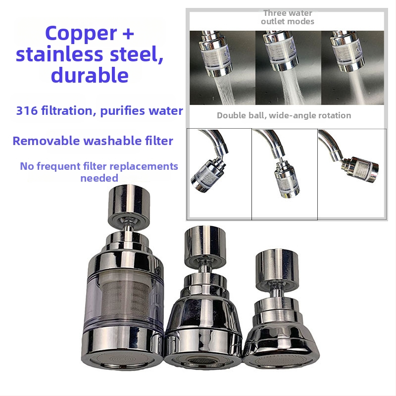 Filtračná hubica na kohútik, nerezová oceľ, univerzálne otáčajúci sa výstup s tromi úrovňami toku, kryt proti striekaniu a predĺženie
