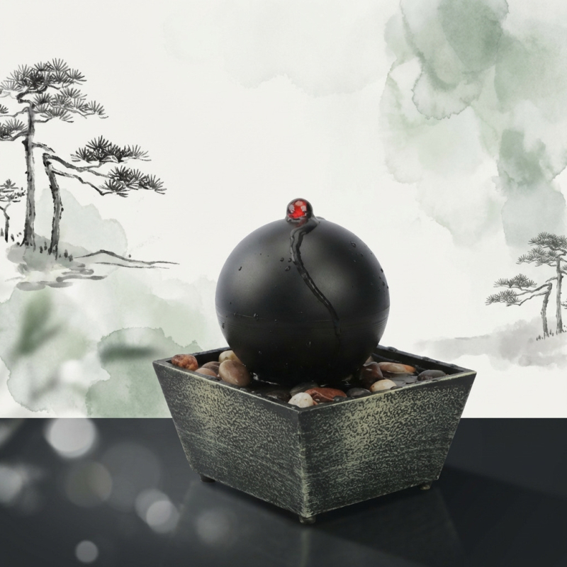 Fântână de birou pentru living și spațiul de lucru de acasă — ornament cu flux de apă pentru atragerea bogăției; materiale: plastic și rășină; categorie: meșteșuguri din rășină; cod produs: 6fhyfnt8