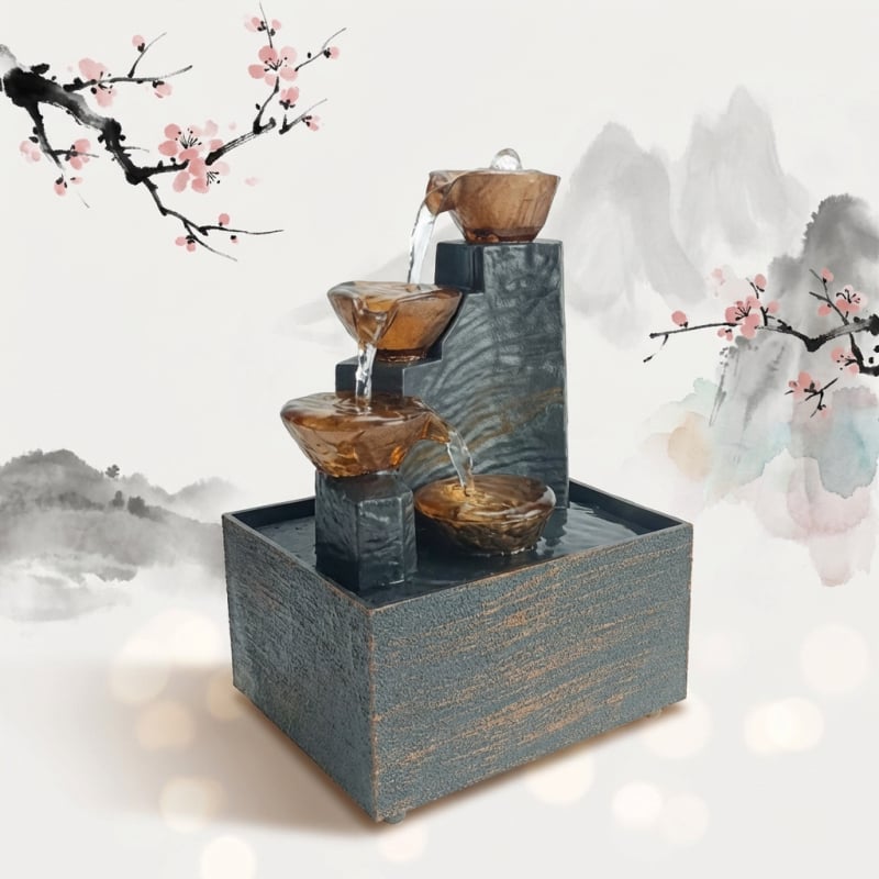 Fântână de birou pentru living și spațiul de lucru de acasă — ornament cu flux de apă pentru atragerea bogăției; materiale: plastic și rășină; categorie: meșteșuguri din rășină; cod produs: 6fhyfnt8