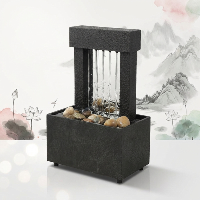 Fântână de birou pentru living și spațiul de lucru de acasă — ornament cu flux de apă pentru atragerea bogăției; materiale: plastic și rășină; categorie: meșteșuguri din rășină; cod produs: 6fhyfnt8