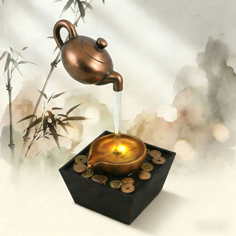 Fântână de birou pentru living și spațiul de lucru de acasă — ornament cu flux de apă pentru atragerea bogăției; materiale: plastic și rășină; categorie: meșteșuguri din rășină; cod produs: 6fhyfnt8