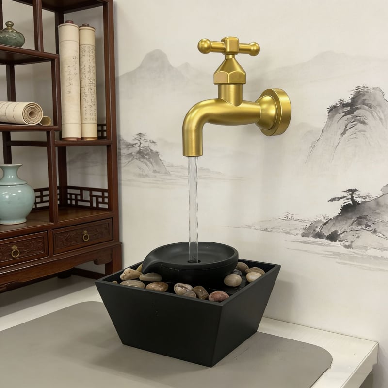 Fântână de birou pentru living și spațiul de lucru de acasă — ornament cu flux de apă pentru atragerea bogăției; materiale: plastic și rășină; categorie: meșteșuguri din rășină; cod produs: 6fhyfnt8