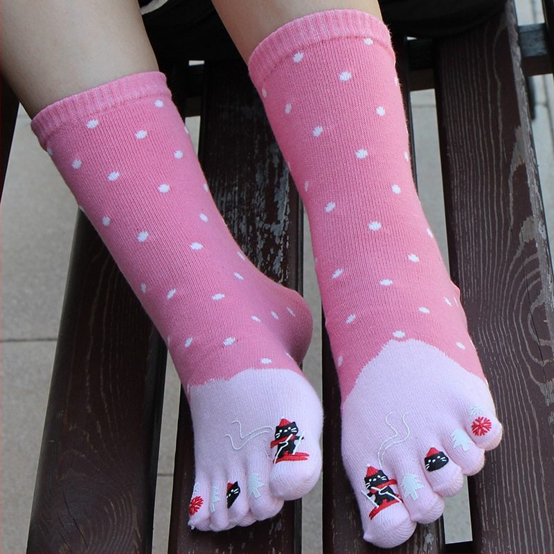 Женски чорапи с пет пръста, 100% памук, попиване на пот, против триене, средна дължина, за всички сезони